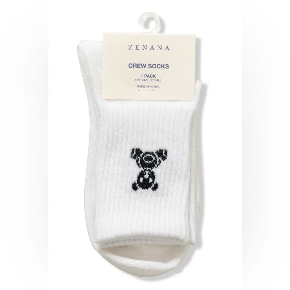 NWT Zenana White & Black Teddy Bear Crew Socks Minimal Cozy Aesthetic One Size